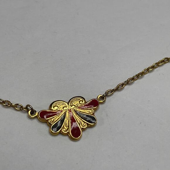 Gold tone enameled necklace costume jewelry vintage or vintage look green red - Picture 5 of 10